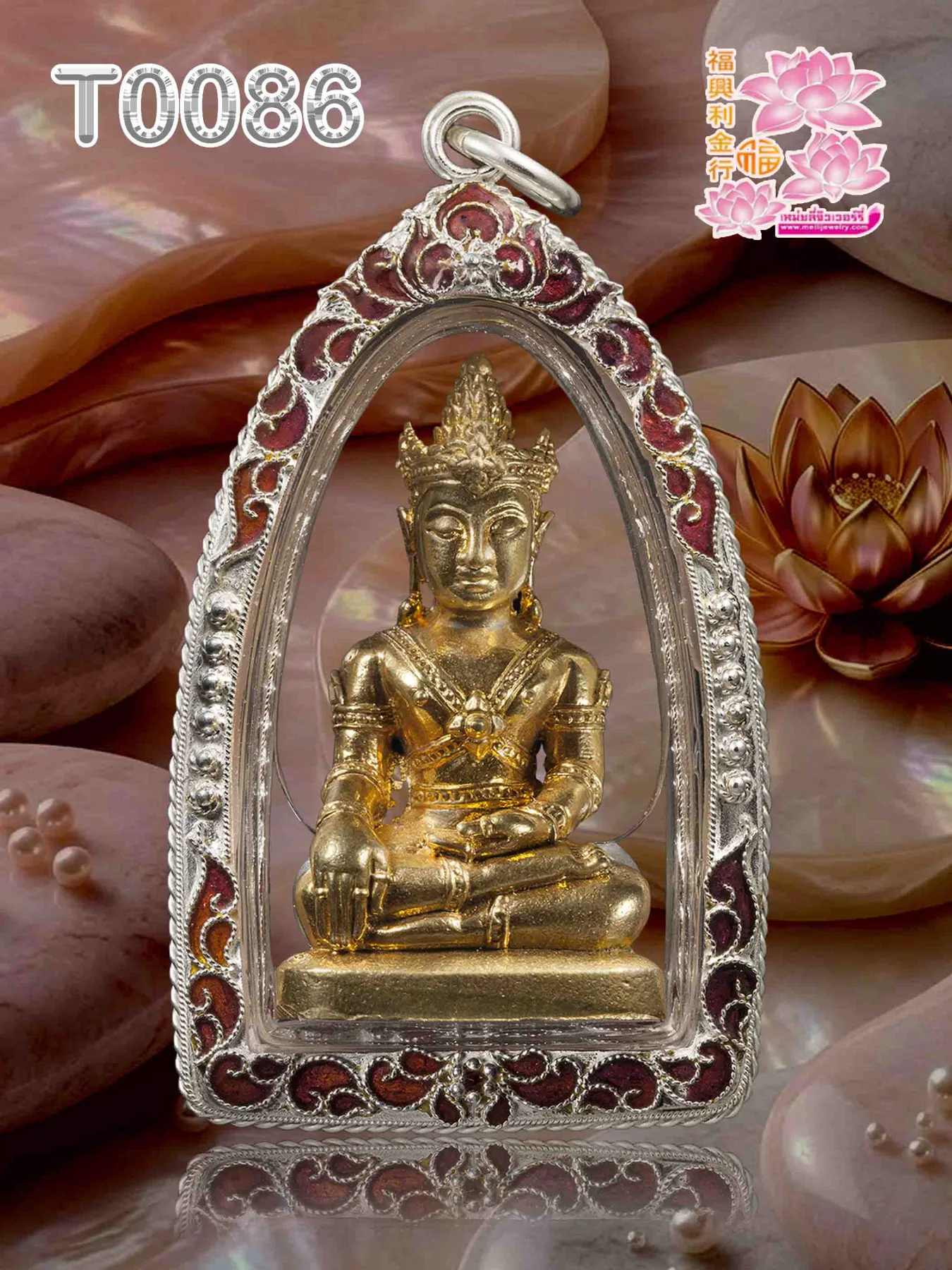 กรอบเงินลายสุโขทัยลวดเกลียวดัดลงยาดำบนล่าง ตรงกลางดอกพิกุล - T0086