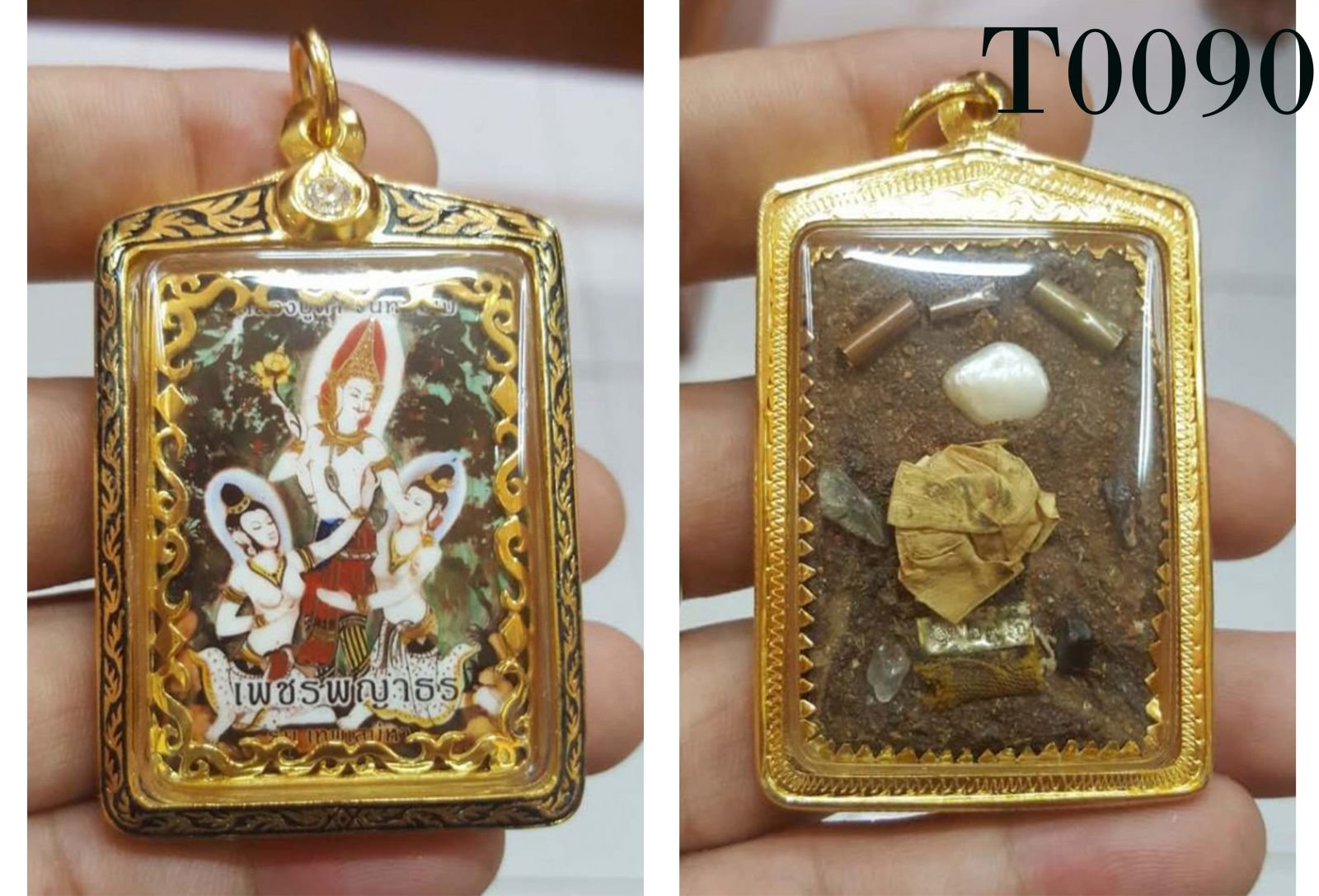กรอบเงินลงยาลายเถาวัลเต็มหน้า ยอดฝังเพชรสวิสทรงหยดน้ำ 1 เม็ด หุ้มลายฉลุแนบพระ