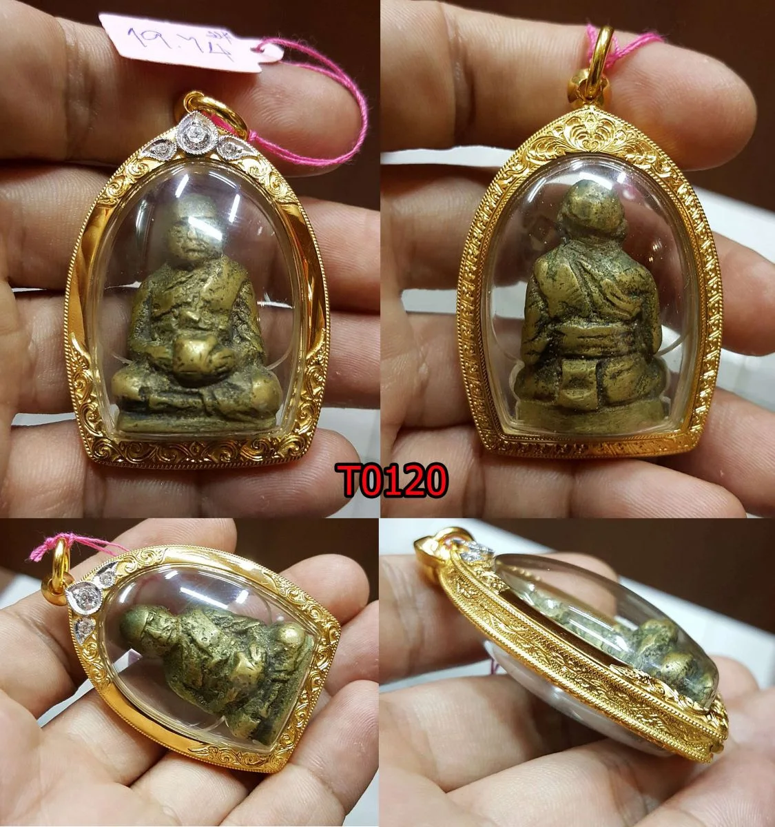 ตลับกันน้ำ ฉลุลายบนล่าง ยอดบนฝังเพชรทรงใบใม้3เม็ดชุบหน้าขาว กลางขัดเงา ข้างลวดเกลียว2เส้น ข้าง+หลังลายไทย - T0120