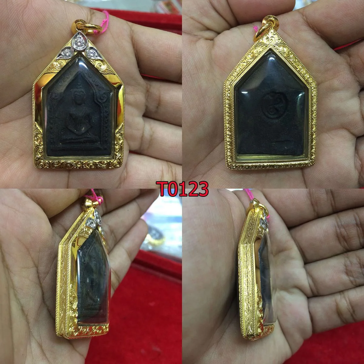 ตลับทองกันน้ำ ฉลุลายบนล่าง ยอดบนฝังเพชรทรงใบใม้3เม็ดชุบหน้าขาว กลางขัดเงา ข้างลวดเกลียว2เส้น ข้าง+หลังลายไทย - T0123