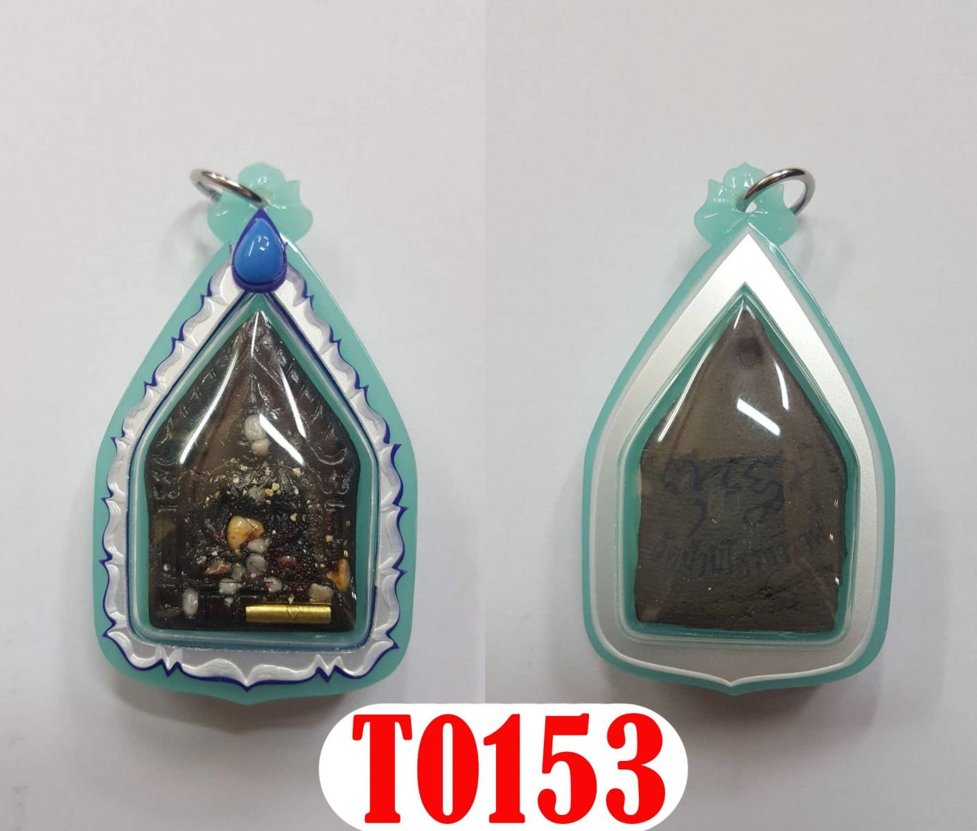 กรอบพลาสติกลายML006 หน้ากากสองชั้นยอดติดพลอยPtทรงยอดน้ำสีหยก+มุกขาว