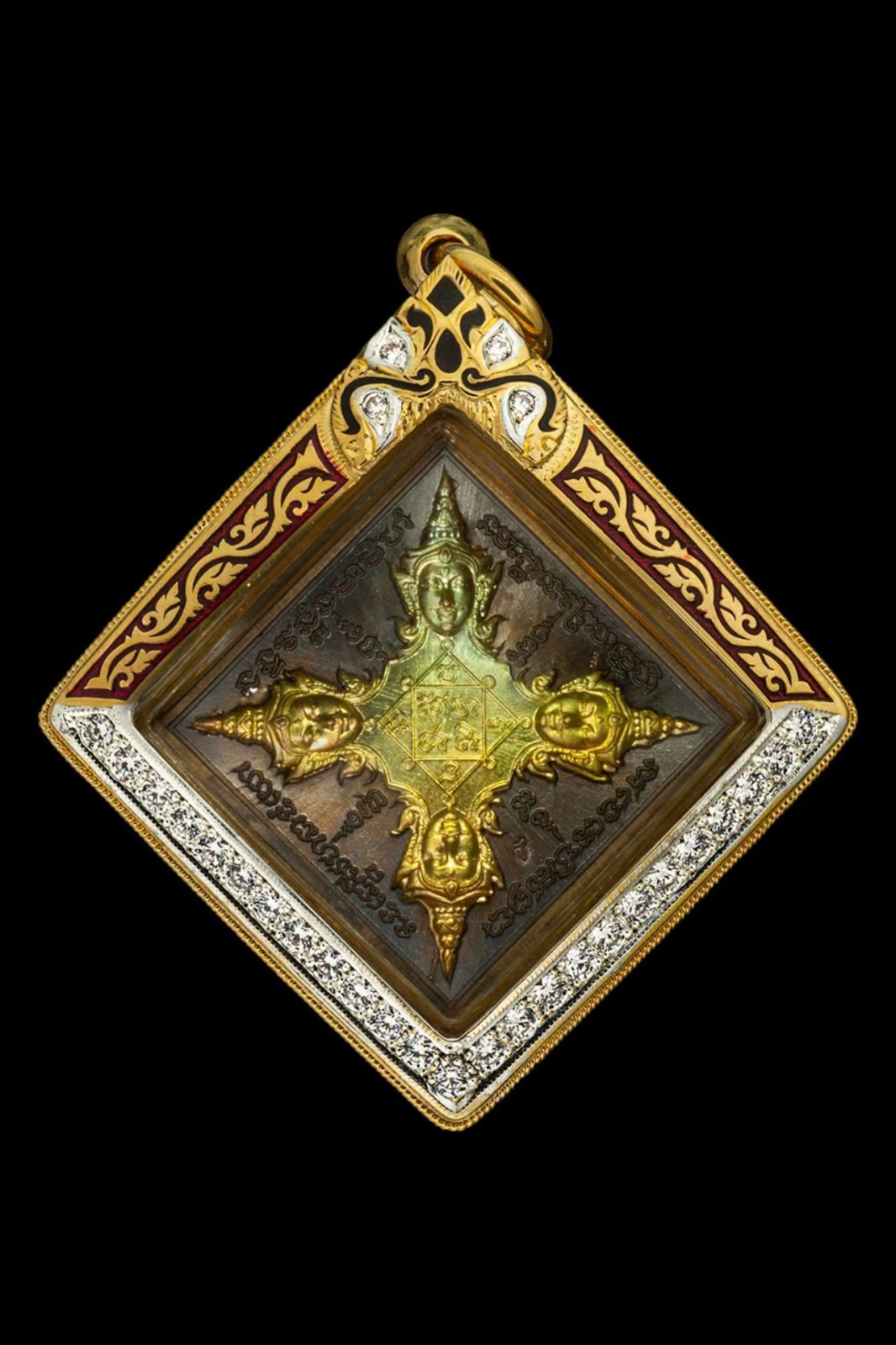 กรอบยกซุ้มสิงค์เดี่ยวลงยาตาและเขี้ยวฝังเพชร ฝังเพชรครึ่งล่างครึ่งบนลายาเถาวัลย์ สียาตามสั่ง ข้างลวดเกลียว1เส้นลานไทย